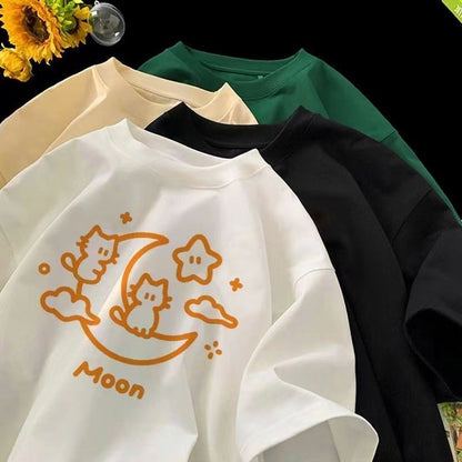 Cat Moon Print Short Sleeve T-shirt