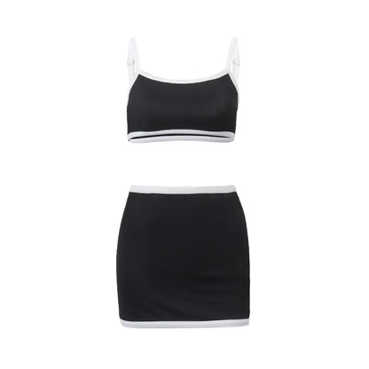 2PCS Black & White Patchwork Tank Top + Skirt