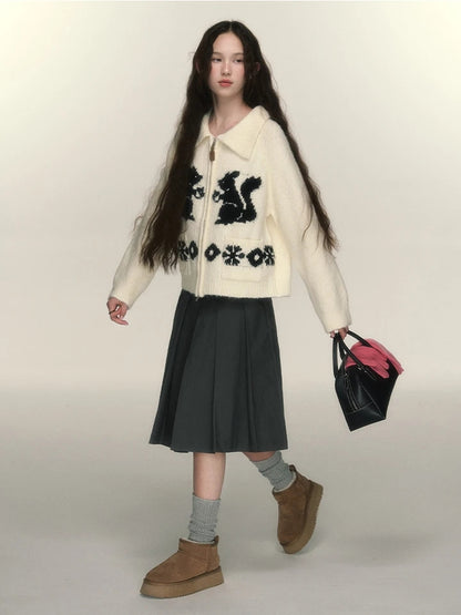 Squirrel Graphic Zipper Sweater