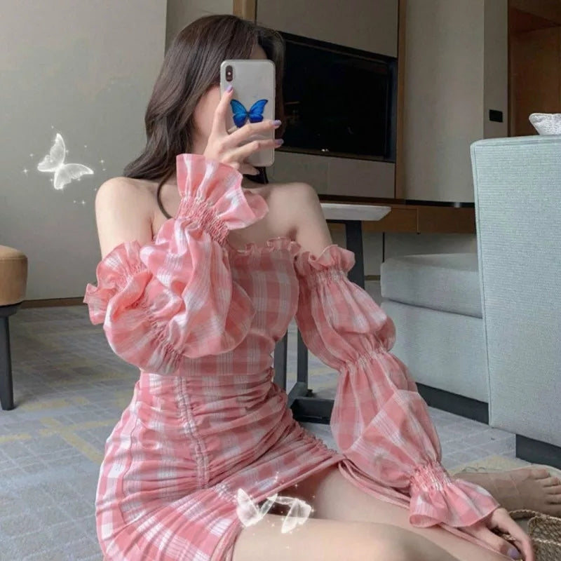 Cute Pink Gingham Plaid Off Shoulder Long Sleeve Drawstring Bodycon Dress Aesthetic Casual Summer E-Girl Kawaii Korean Japanese Harajuku