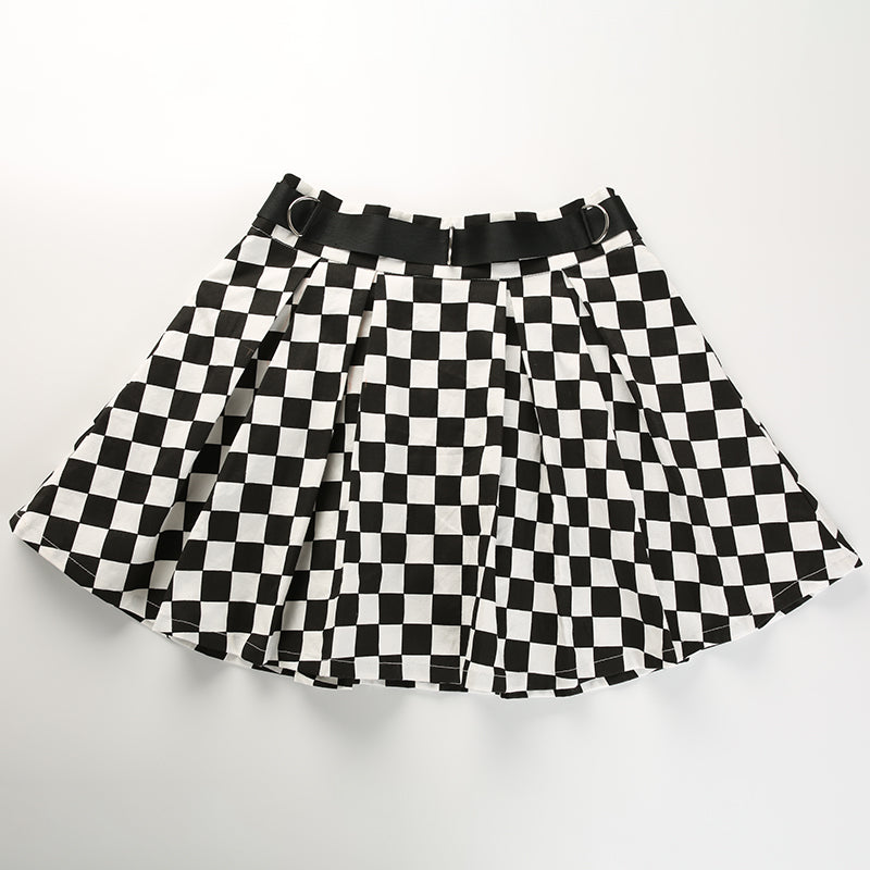 Cute Sexy Checkered Pleated Black White Sash High Waisted Skater Skirt E-Girl Kawaii Korean Japanese Harajuku Streetwear
