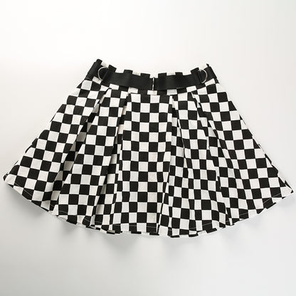 Cute Sexy Checkered Pleated Black White Sash High Waisted Skater Skirt E-Girl Kawaii Korean Japanese Harajuku Streetwear