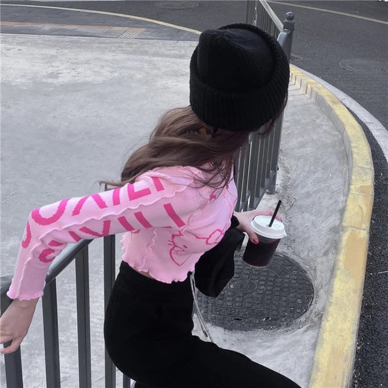 Cute Pink Kitty Cat Knit Loose Frill Long Sleeve Shirt Sweater Pullover Cardigan Aesthetic Casual Summer E-Girl Kawaii Korean Japanese Harajuku
