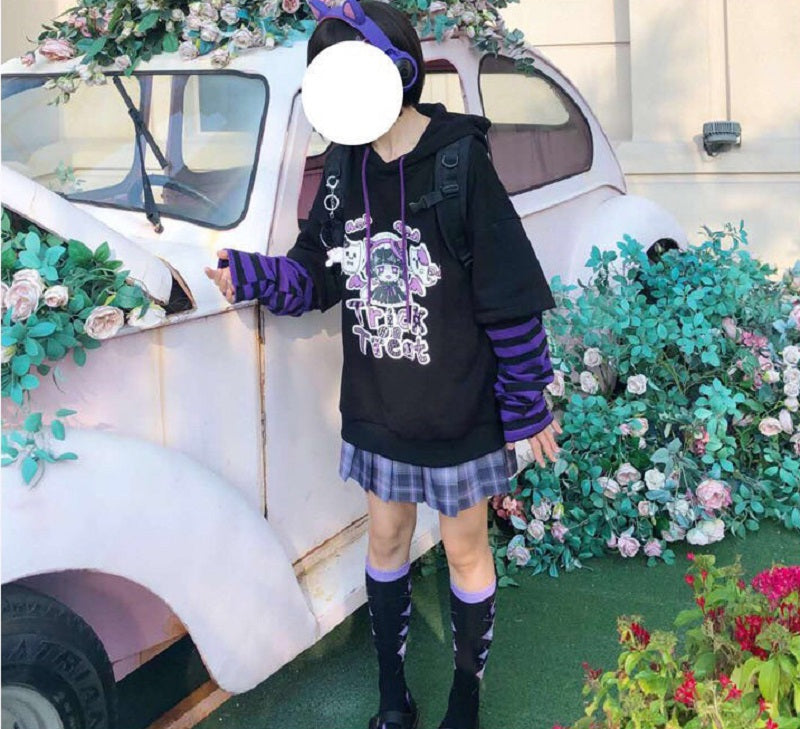 Anime Girl Cartoon Casual Stripe Loose Oversized Hoodie Sweater Sweatshirt Long Sleeve Pullover E-Girl Kawaii Korean Japanese Harajuku Streetwear