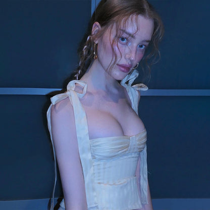 Sweet Yellow Bow Lace Up Satin Top
