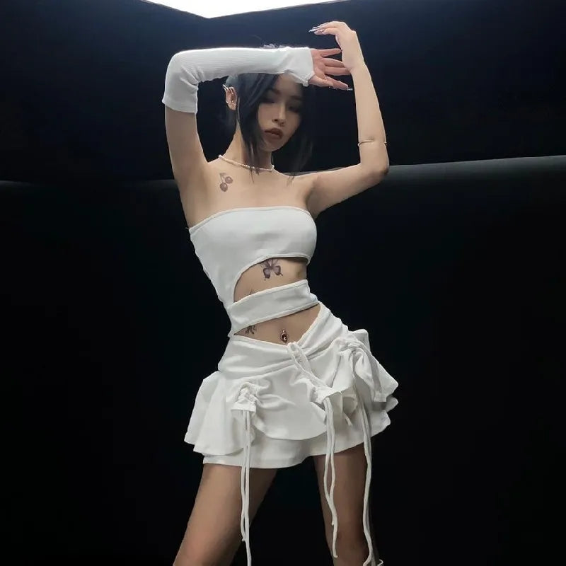 White Hollow Out Drawstring Strapless Mini Dress