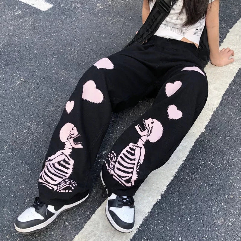 Black Skeleton Print Loose Waist Wide Leg Pants