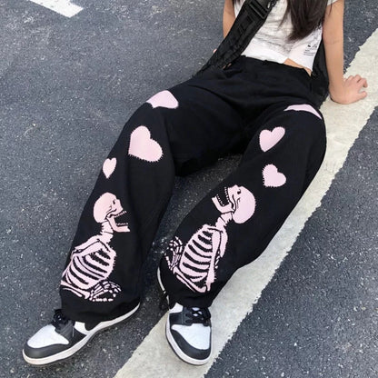 Black Skeleton Print Loose Waist Wide Leg Pants
