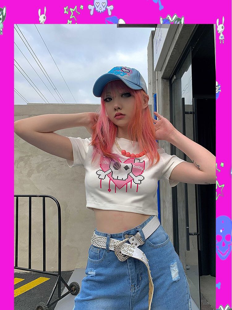 Cute Pink Love Heart Skull Print Short Sleeve T-shirt Crop Top Summer Casual Goth Punk E-Girl Kawaii Korean Japanese Harajuku Streetwear