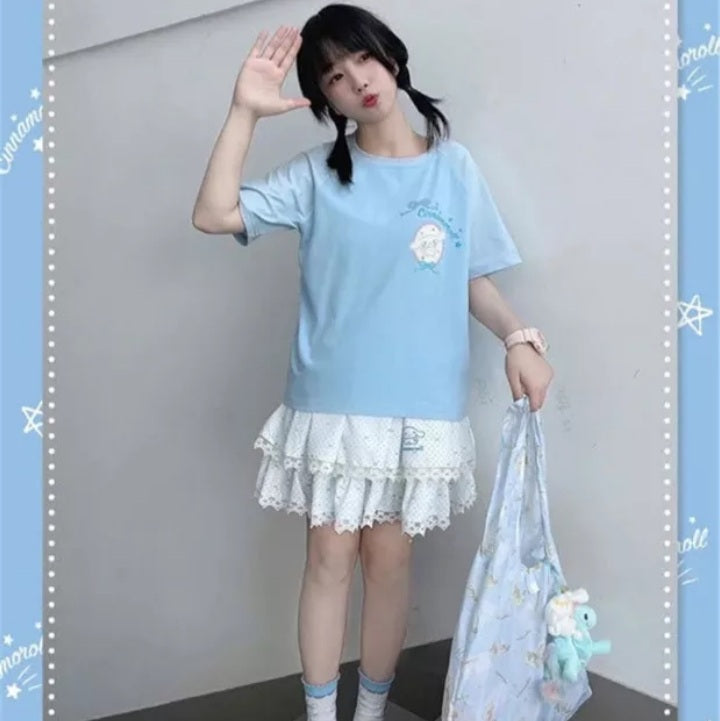 Cute Blue Japanese Anime Cartoon Graphic Print Loose Short Sleeve T-shirt