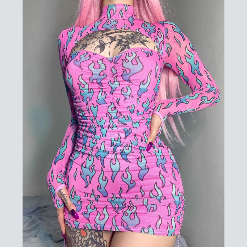 Sexy Pink Fire Flame Print Hollow Cut Out Long Sleeve Mini Dress Ruched Bodycon Club Party Summer E-Girl Kawaii Korean Japanese Harajuku Streetwear