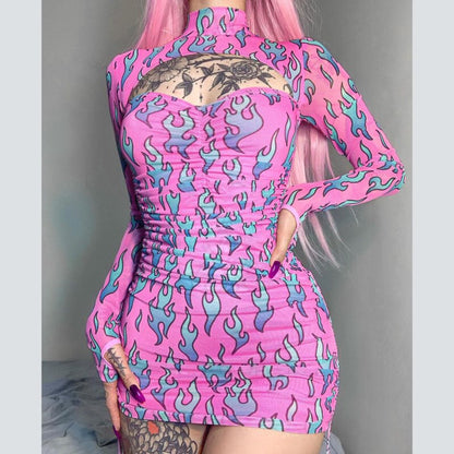 Sexy Pink Fire Flame Print Hollow Cut Out Long Sleeve Mini Dress Ruched Bodycon Club Party Summer E-Girl Kawaii Korean Japanese Harajuku Streetwear