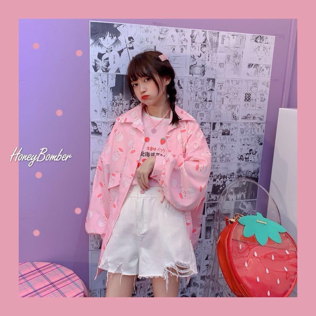 Cute Pastel Pink Strawberry Milk Yogurt Drink Blouse Long Sleeve Shirt Button Up Top Summer Casual E-Girl Kawaii Korean Japanese Harajuku Streetwear