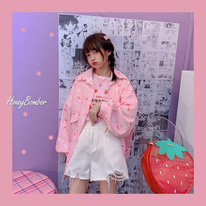 Cute Pastel Pink Strawberry Milk Yogurt Drink Blouse Long Sleeve Shirt Button Up Top Summer Casual E-Girl Kawaii Korean Japanese Harajuku Streetwear