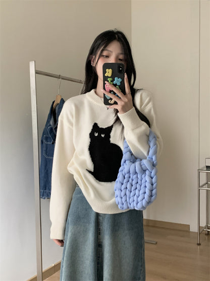 Black Cat Print Long Sleeve Sweater