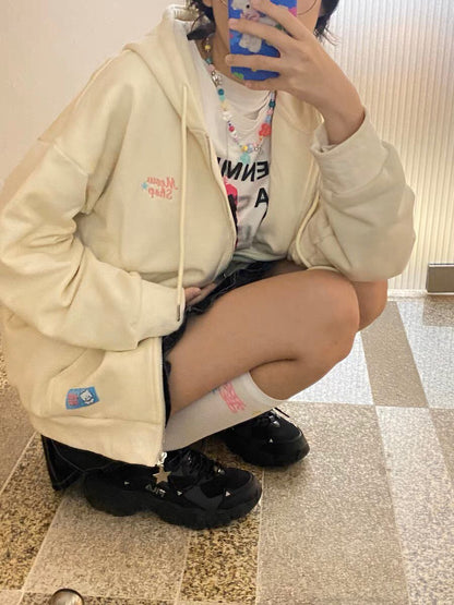 Puppy Embroidery Cartoon Zip Up Hoodie