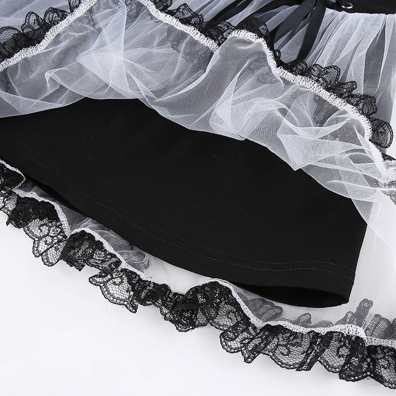 Sexy Goth Dark Punk Mesh A Line Skirt Lace Up Patchwork Ribbon Lace Trim High Waisted Summer Casual E-Girl Kawaii Korean Japanese Harajuku Streetwear