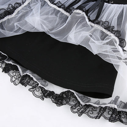 Sexy Goth Dark Punk Mesh A Line Skirt Lace Up Patchwork Ribbon Lace Trim High Waisted Summer Casual E-Girl Kawaii Korean Japanese Harajuku Streetwear