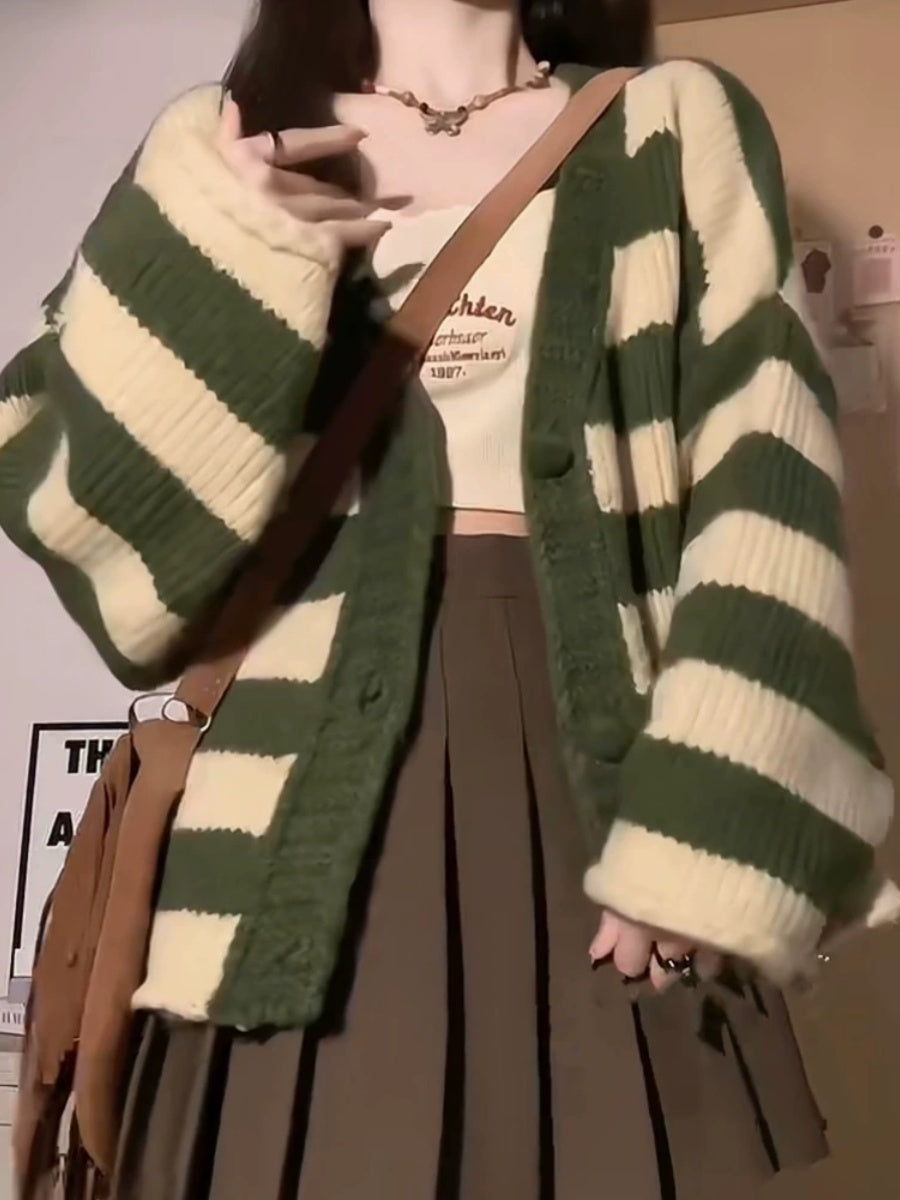 Green Stripe Loose Cardigan