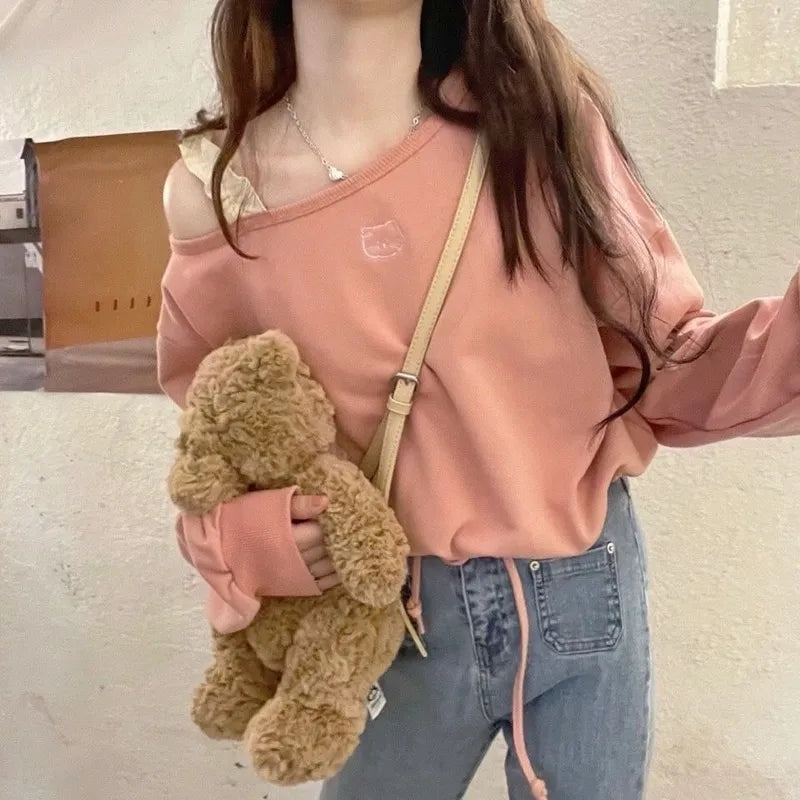 Pink Cat Embroidery Crop Sweater