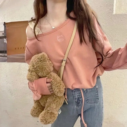 Pink Cat Embroidery Crop Sweater