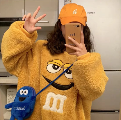 Cute Chocolate M Funny Cartoon Plush Oversize Long Sleeve Shirt Hoodie Pullover Sweatshirt Aesthetic Casual E-Girl Kawaii Korean Japanese Harajuku