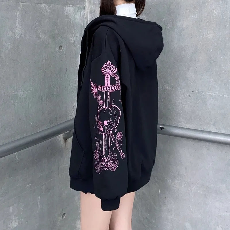 Black Skull Sword Print Zip Up Hoodie