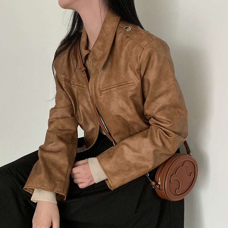 Brown PU Leather Turn Down Collar Zipper Jacket