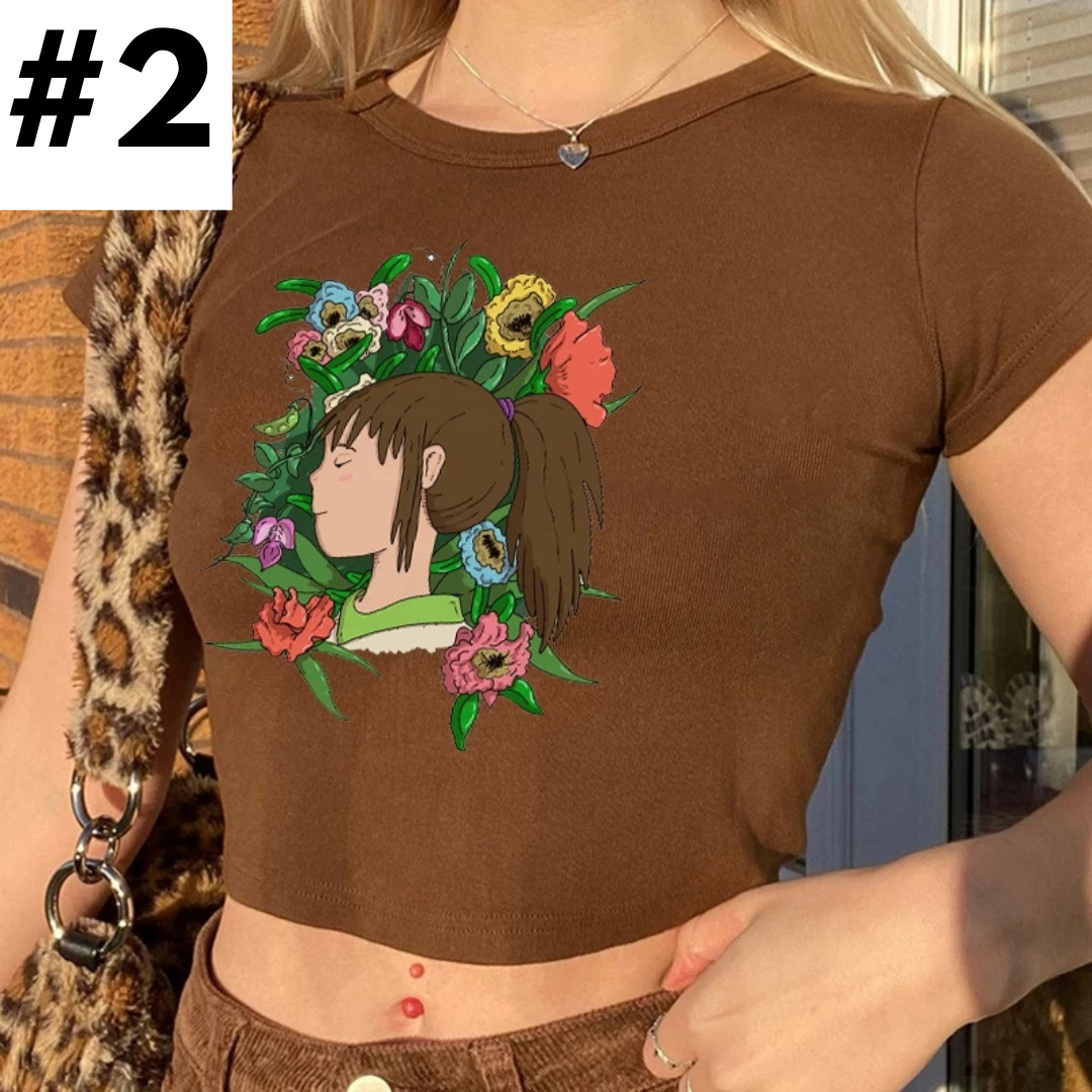 Brown Japanese Anime Cartoon Print Crop Top