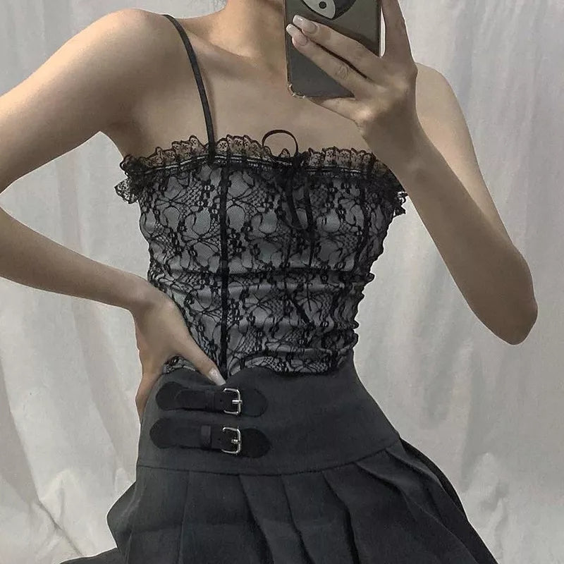 Black Lace Backless Patchwork Camisole