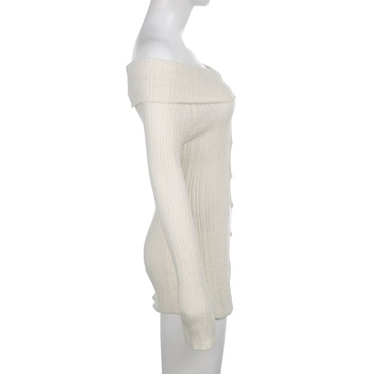 White Button Up Split Slash Neck Sweater