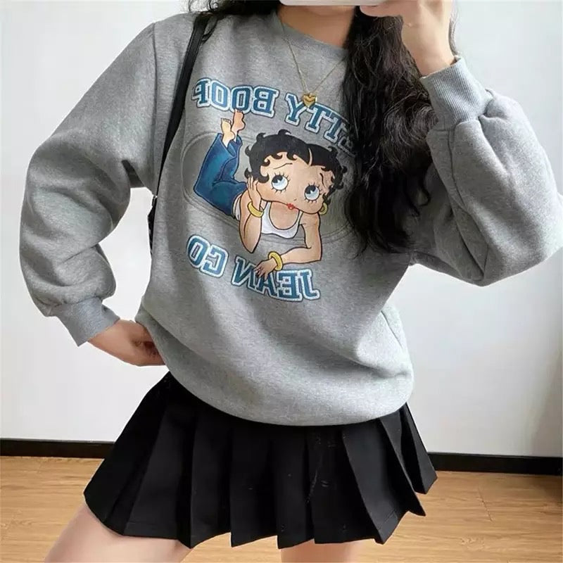 Cute 80s 90s Vintage Cartoon Girl Print Long Sleeve Shirt Hoodie Pullover Sweatshirt Sweater Casual E-Girl Kawaii Korean Japanese Harajuku Streetwear