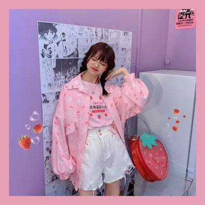 Cute Pastel Pink Strawberry Milk Yogurt Drink Blouse Long Sleeve Shirt Button Up Top Summer Casual E-Girl Kawaii Korean Japanese Harajuku Streetwear
