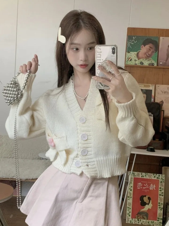 White Bow Knit Cardigan Sweater