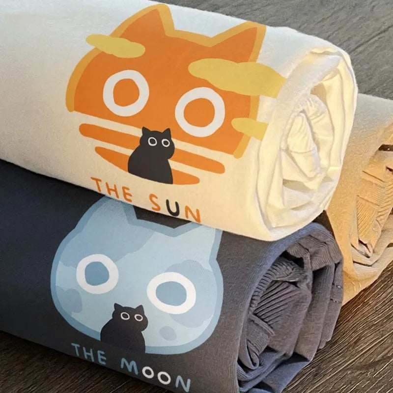 Cat Cartoon Sun Moon Print Short Sleeve T-shirt