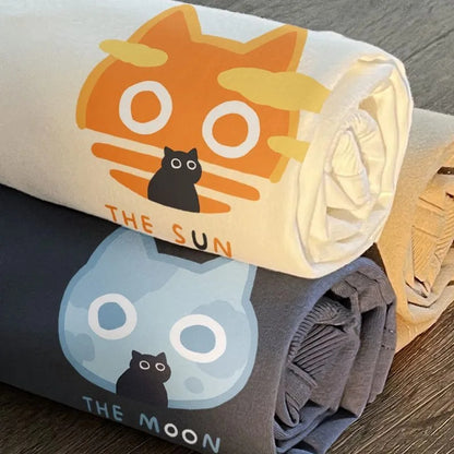 Cat Cartoon Sun Moon Print Short Sleeve T-shirt