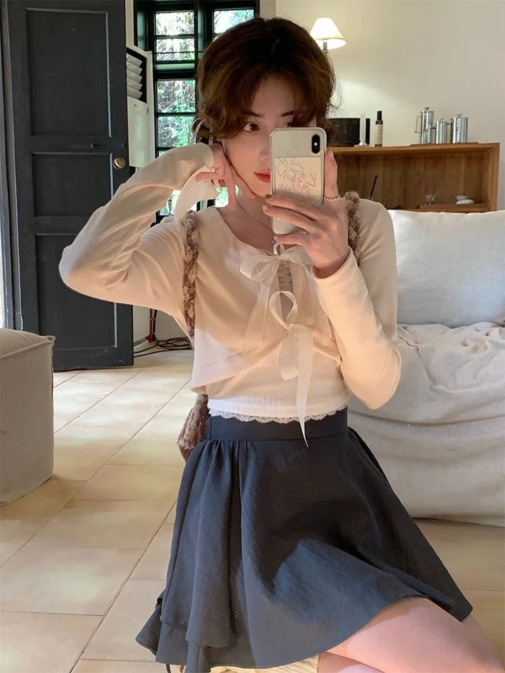 2PCS Bow Cropped Cardigan
