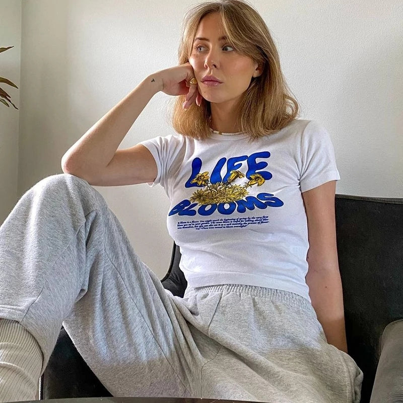 Cute White Retro Letter Print Short Sleeve Shirt Crop Top Club Aesthetic Casual Summer E-Girl Kawaii Korean Japanese Harajuku Streetwear