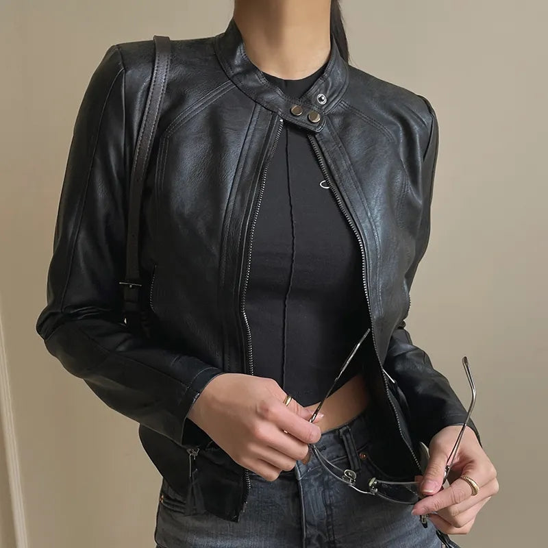 Black PU Leather Zipper Jacket