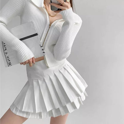 Preppy Double Pleated High Waisted Mini Skirt Aesthetic Casual E-Girl Kawaii Korean Japanese Harajuku