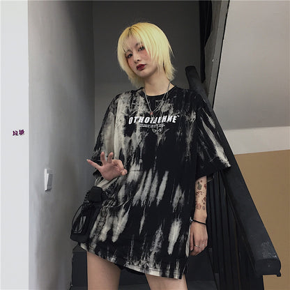 Cute Smoke Ash Print Loose Oversized Crop Top Short Sleeve Shirt Tee T-shirt E-Girl Kawaii Korean Japanese Harajuku Chinese Retro Streetwear Punk Goth