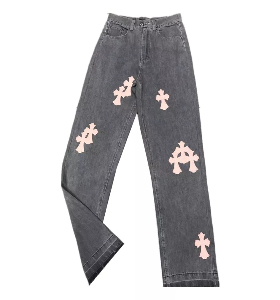 Cute Cross Jean High Waist Straight Baggy Pants Denim Trousers Summer Aesthetic Casual E-Girl Kawaii Korean Japanese Harajuku