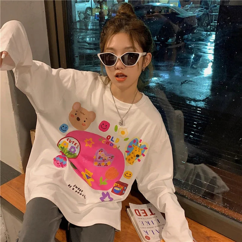 White Retro Cartoon Print Sweater