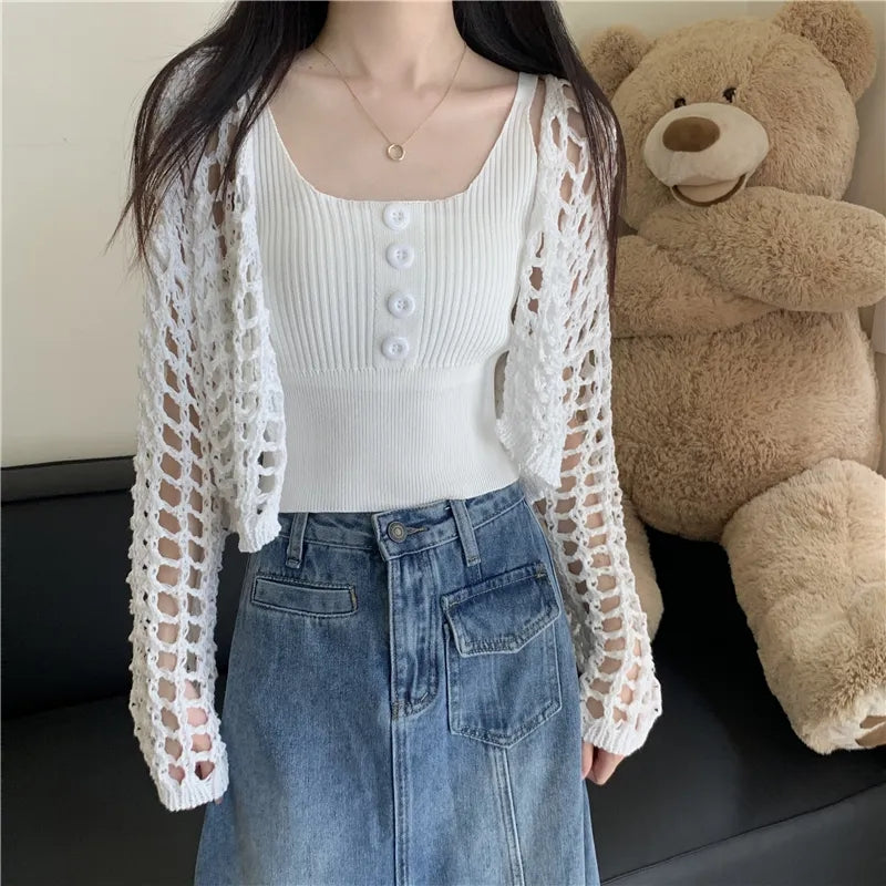 2PCS Green Button Top + Crochet Smock