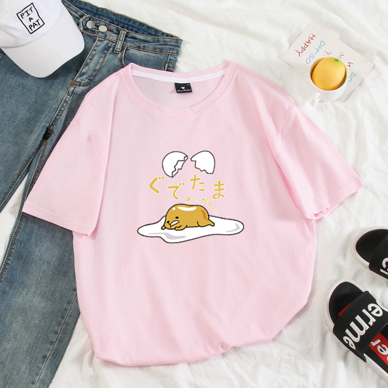 Funny Lazy Egg Cartoon Anime Print Casual Summer Loose Short Sleeve Tee Shirt T-shirt Top E-Girl Kawaii Korean Japanese Harajuku Streetwear