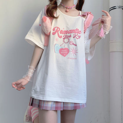 Sweet Pink Print Off Shoulder Short Sleeve T-shirt