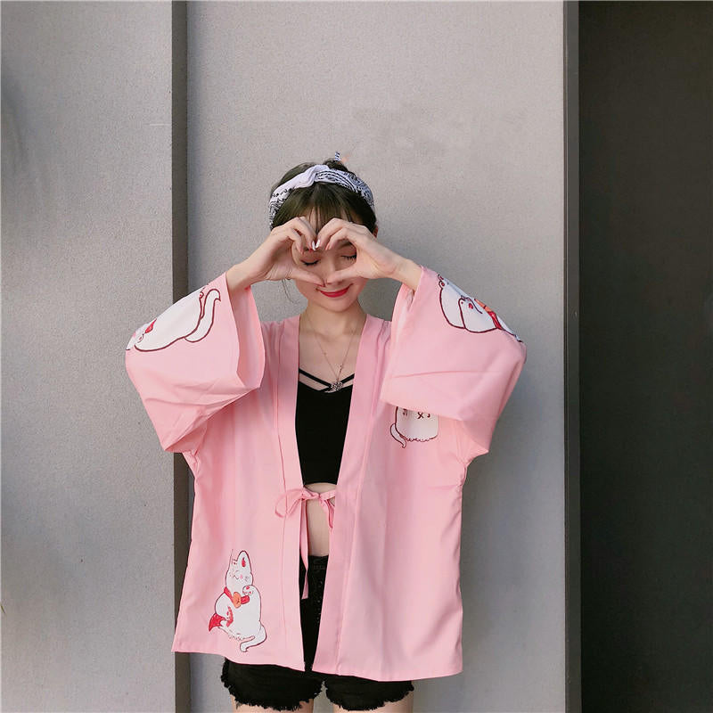 Pink Cat Blouse Kimono Cardigan Cartoon Print Loose Blouse Long Sleeve Shirt T-shirt Top E-Girl Kawaii Korean Japanese Harajuku Streetwear