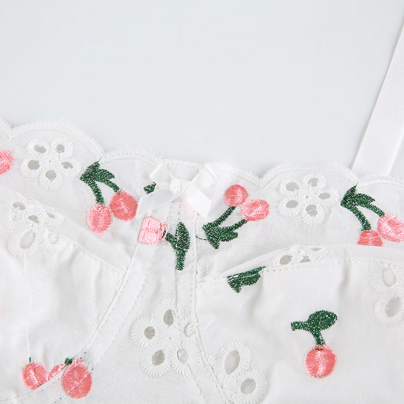 White Cherry Floral Embroidery Milkmaid Corset Top Summer Aesthetic Casual E-Girl Kawaii Korean Japanese Harajuku