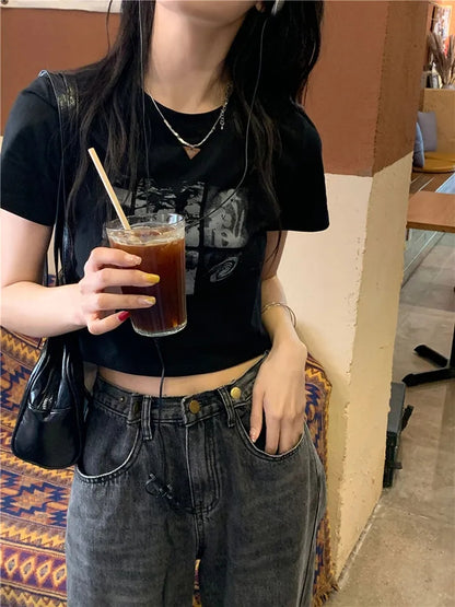 Black Grunge Cropped Short Sleeve T-shirt