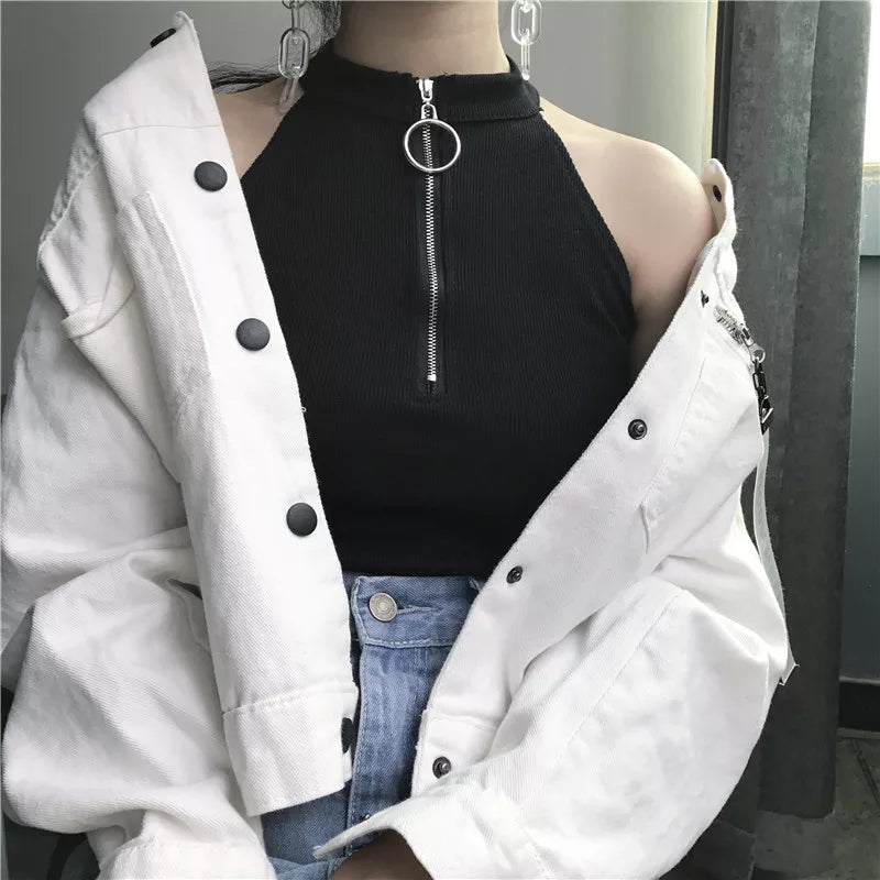 Cute Black White Sexy Knit Zipper Sleeveless Shirt Crop Top Tank Camisole Aesthetic Casual E-Girl Kawaii Korean Japanese Harajuku